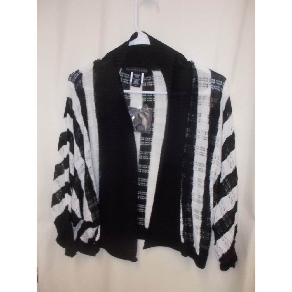 Apostrophe Womens Black White Striped Open Front Cardigan Sweater Size S